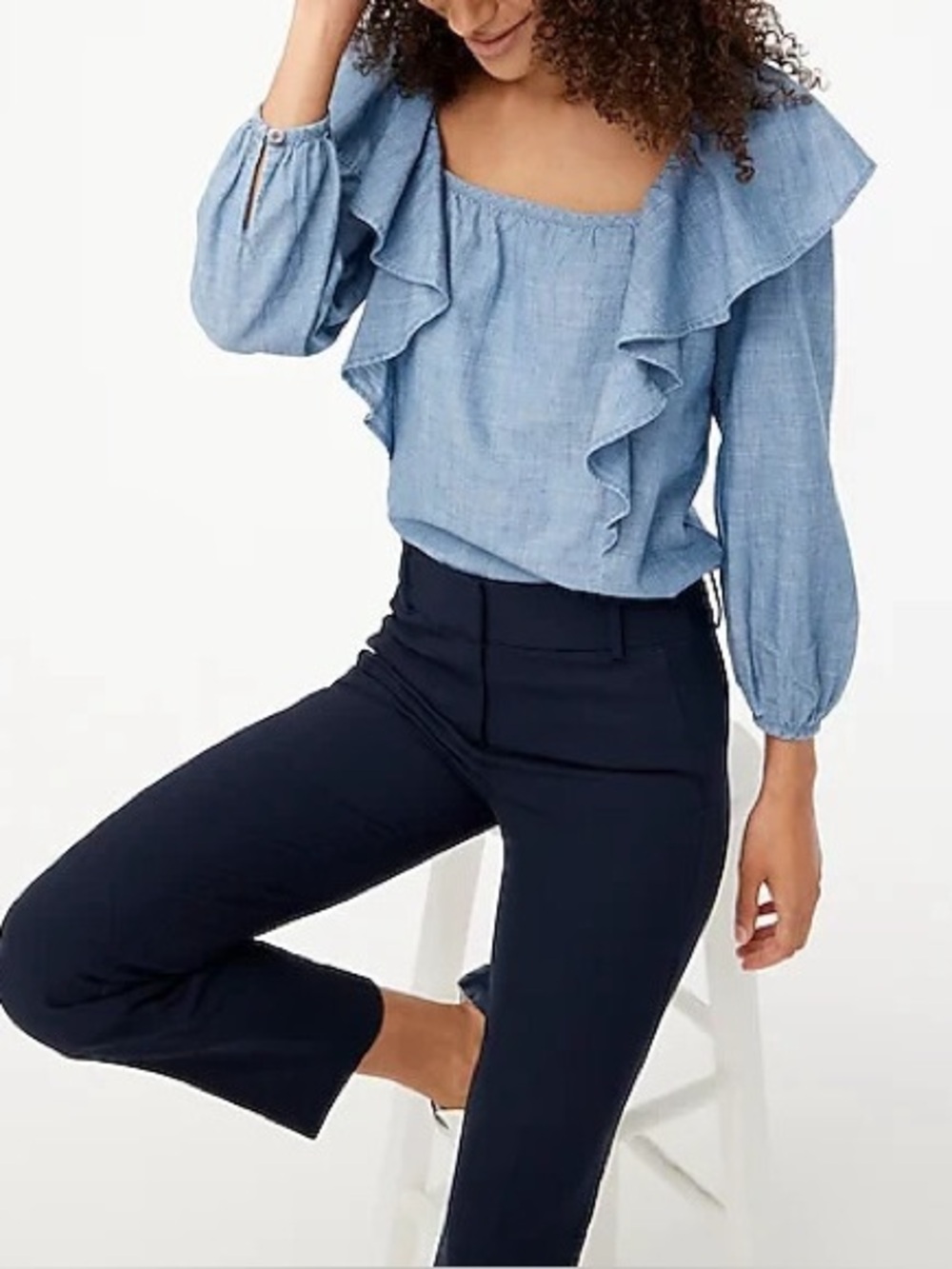 J. Crew Blue 100% Cotton Chambray Square Neck Ruffle Top, NWT